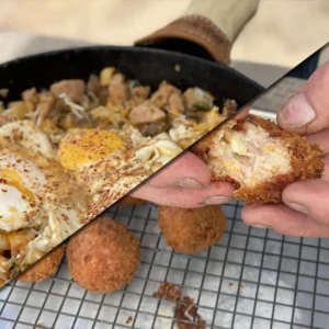 Breakfast hash with fried chicken balls.