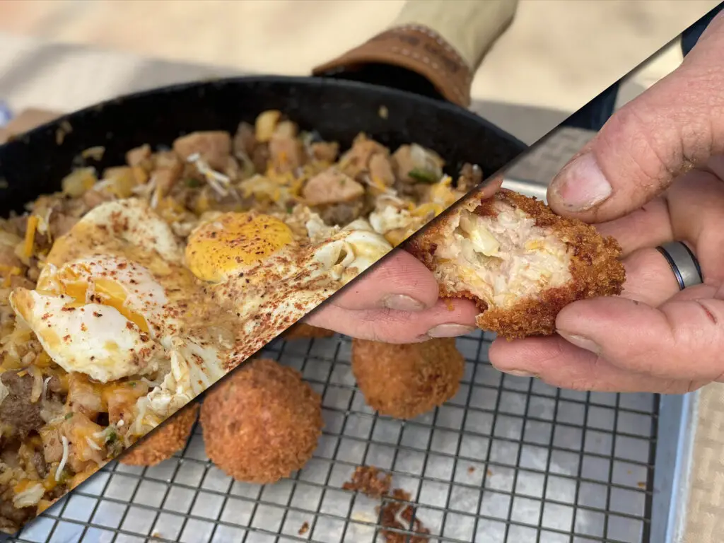 Breakfast hash with fried chicken balls.