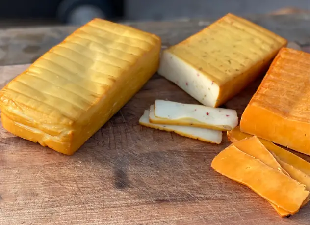 Assortment of yellow and white cheese.