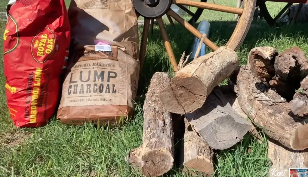 Bags of lump charcoal and firewood.