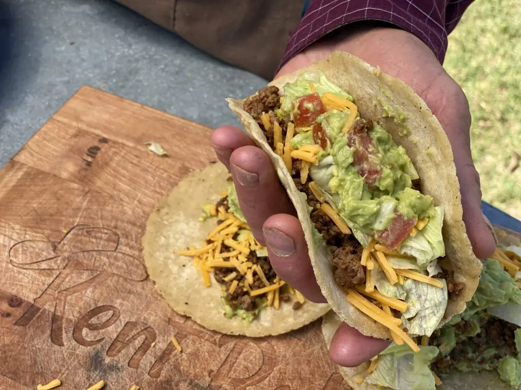 Hand holding a beef and guacamole taco.