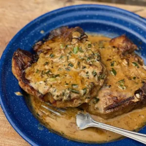 Two pork chops in creamy sauce with green onions.