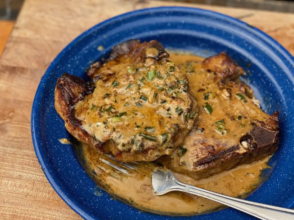 Two pork chops in creamy sauce with green onions.