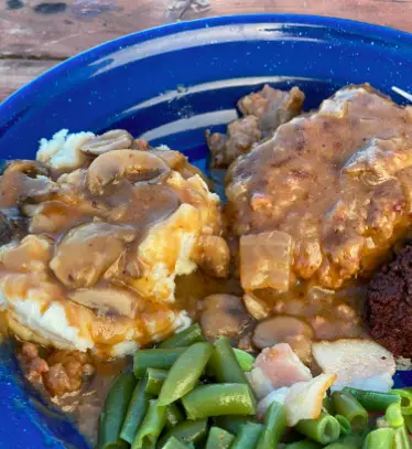 A blue bowl of food with meat, beans and mushrooms.