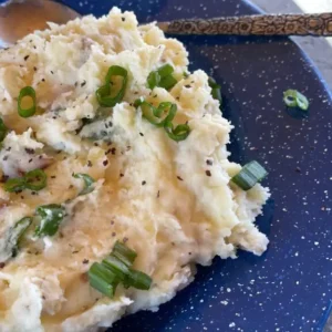 A plate of mashed potatoes with green onions.