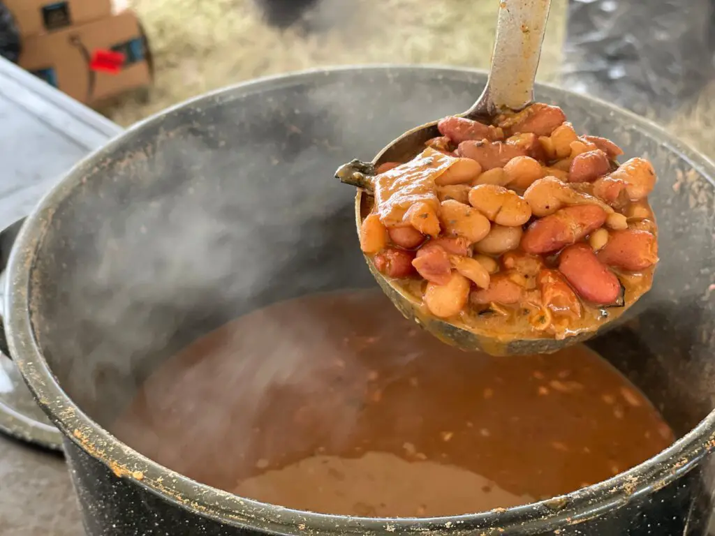 A bowl of beans and some liquid in it