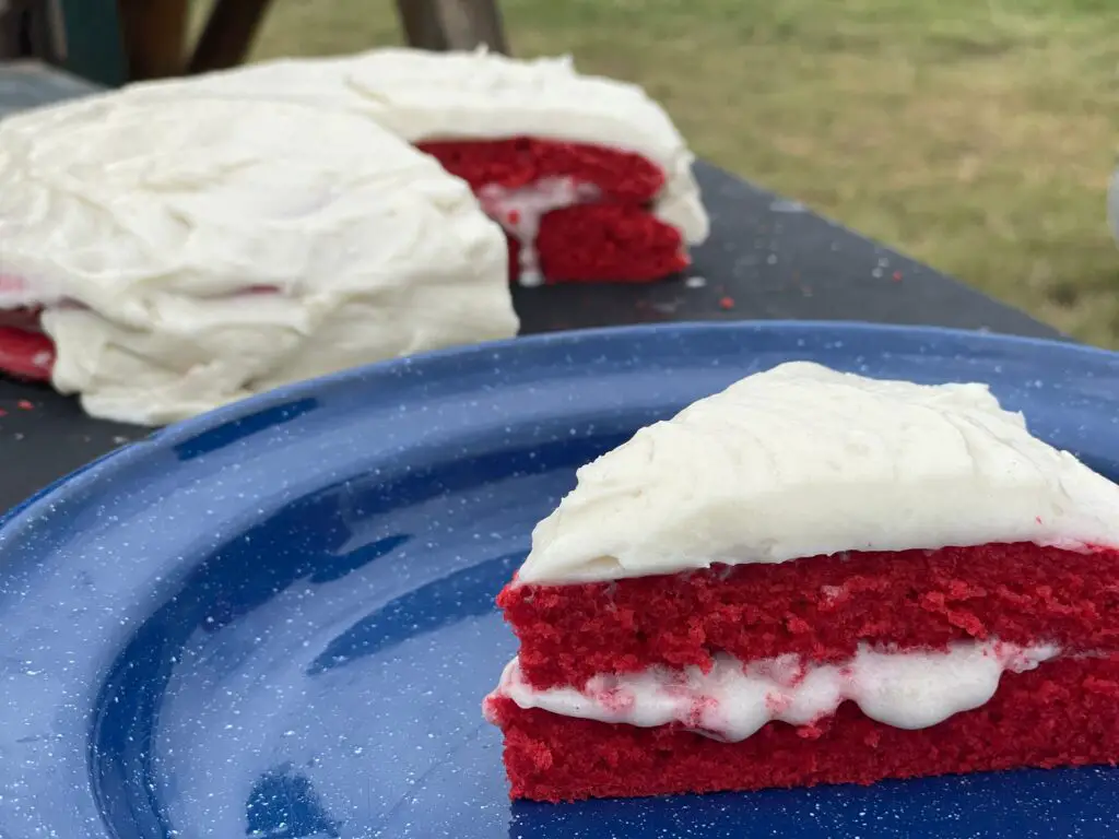 A red velvet cake with white frosting on top of a blue plate.