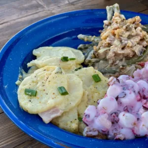 A blue plate with food on it