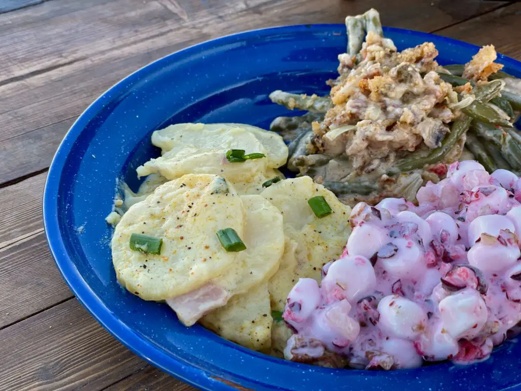 A blue plate with food on it