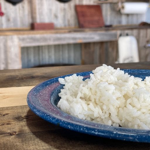 A plate of rice on the table in front of a wooden wall.