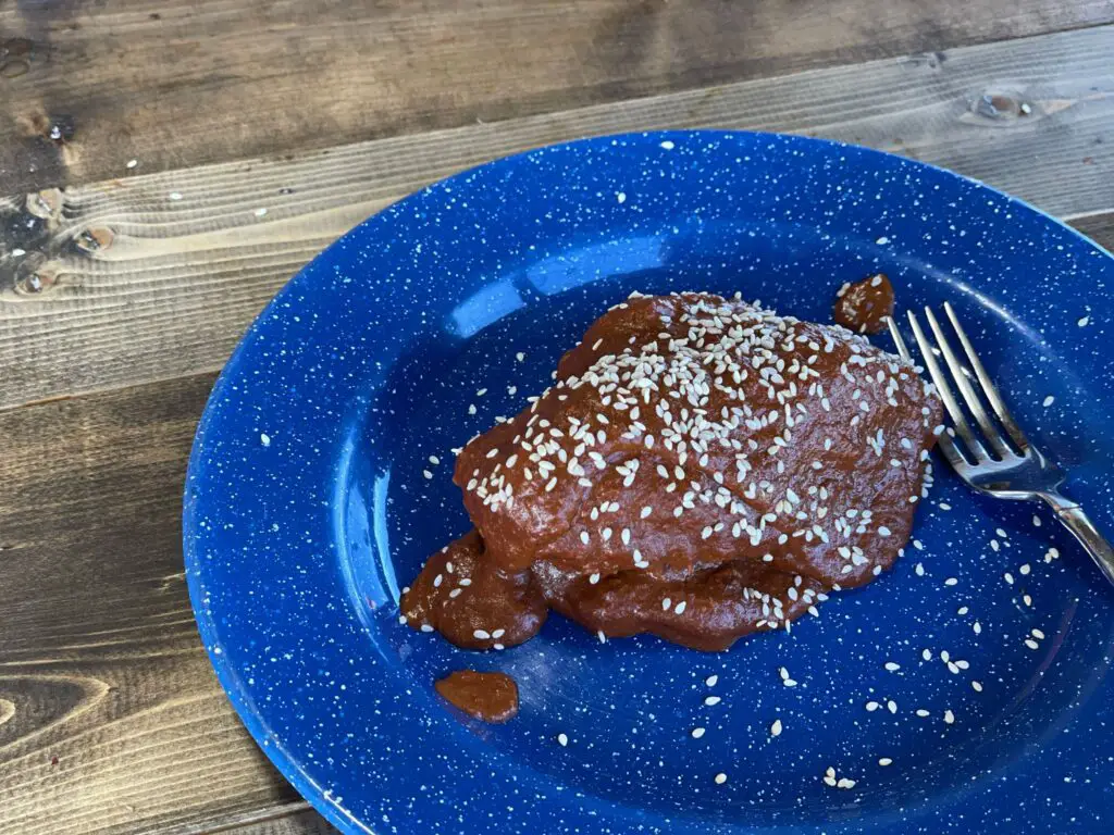 A blue plate with some food on it