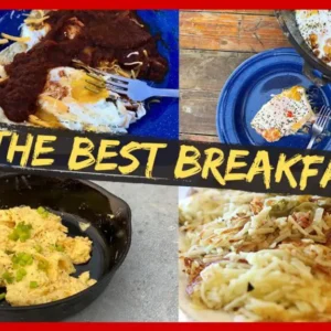 A collage of different types of breakfast foods.