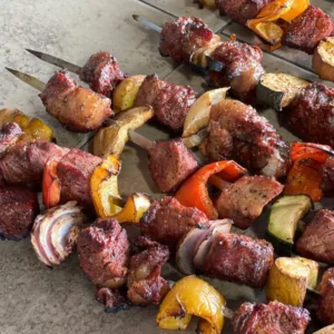 Grilled skewers with meat and vegetables.