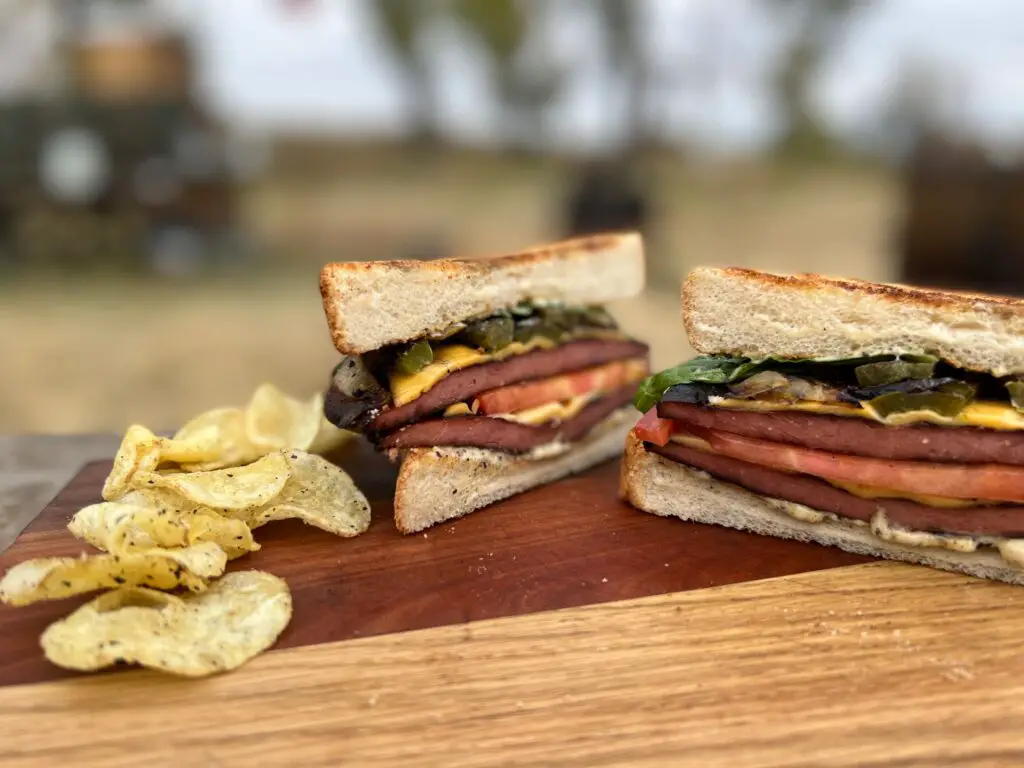 Two grilled sandwiches with chips on a wooden board.