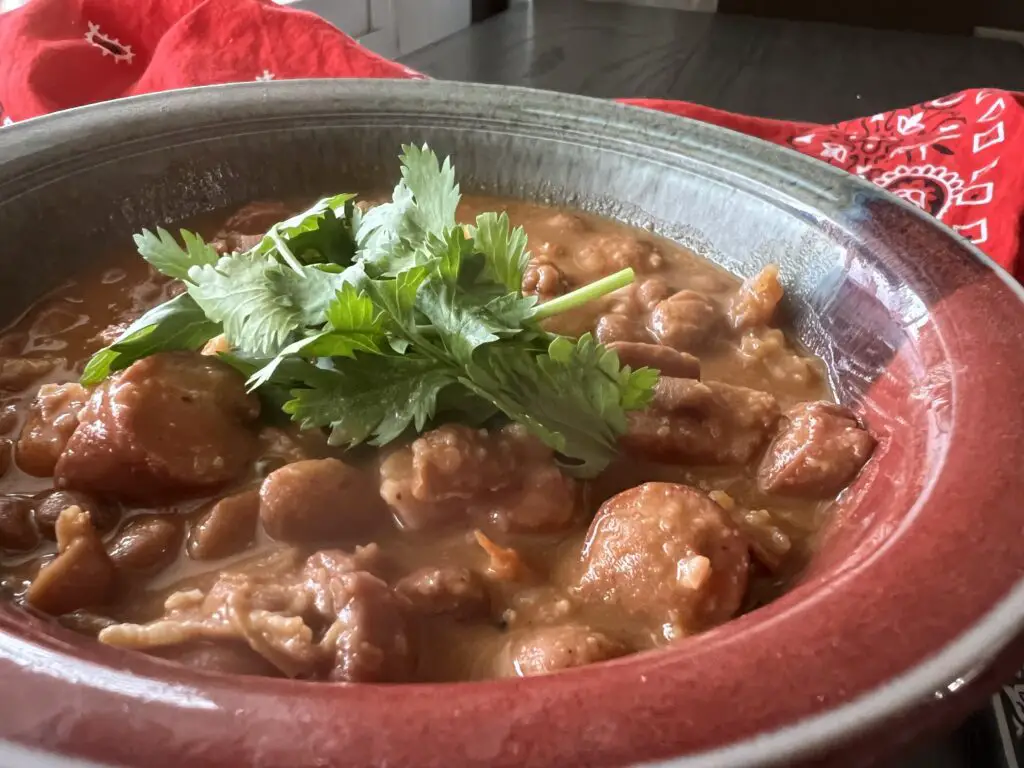 Bowl of red beans and sausage with cilantro.