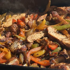 Chicken and peppers sizzling in a pan.