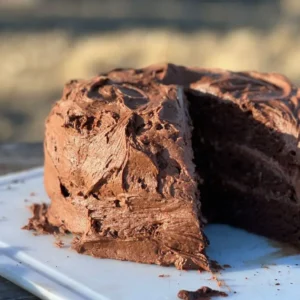 Chocolate cake with chocolate frosting, sliced.