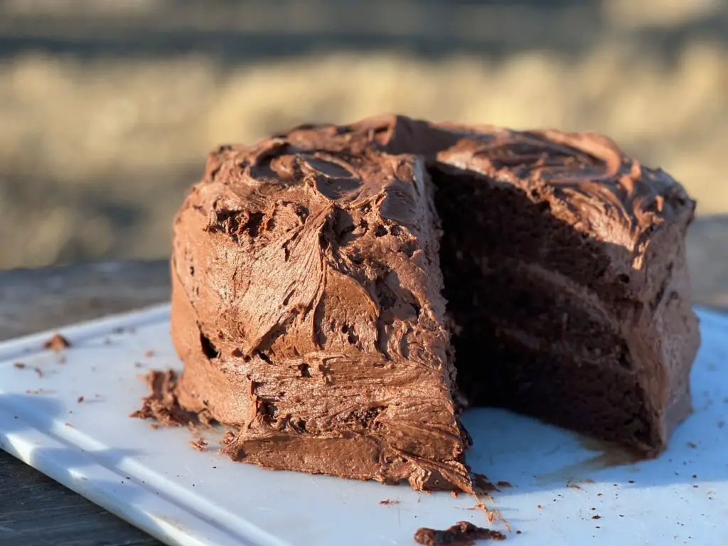 Chocolate cake with chocolate frosting, sliced.