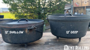 A 12" shallow outdoor Dutch oven and 12" Deep Dutch oven for outdoor cooking