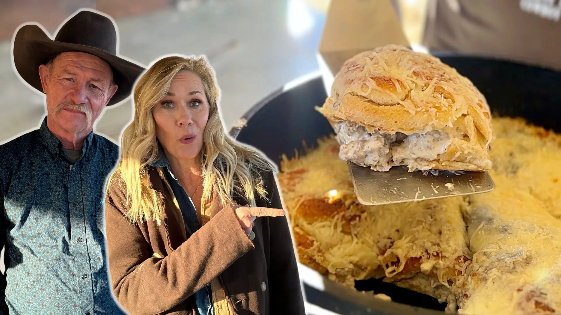 A woman pointing to an open sandwich on top of a table.