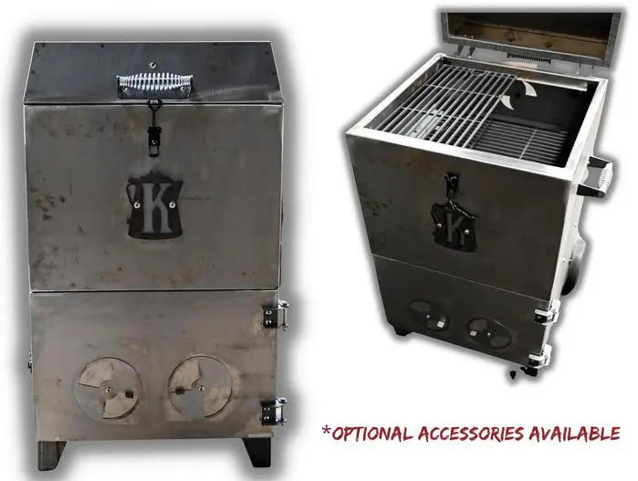 Metal smoker with grill and wheels.