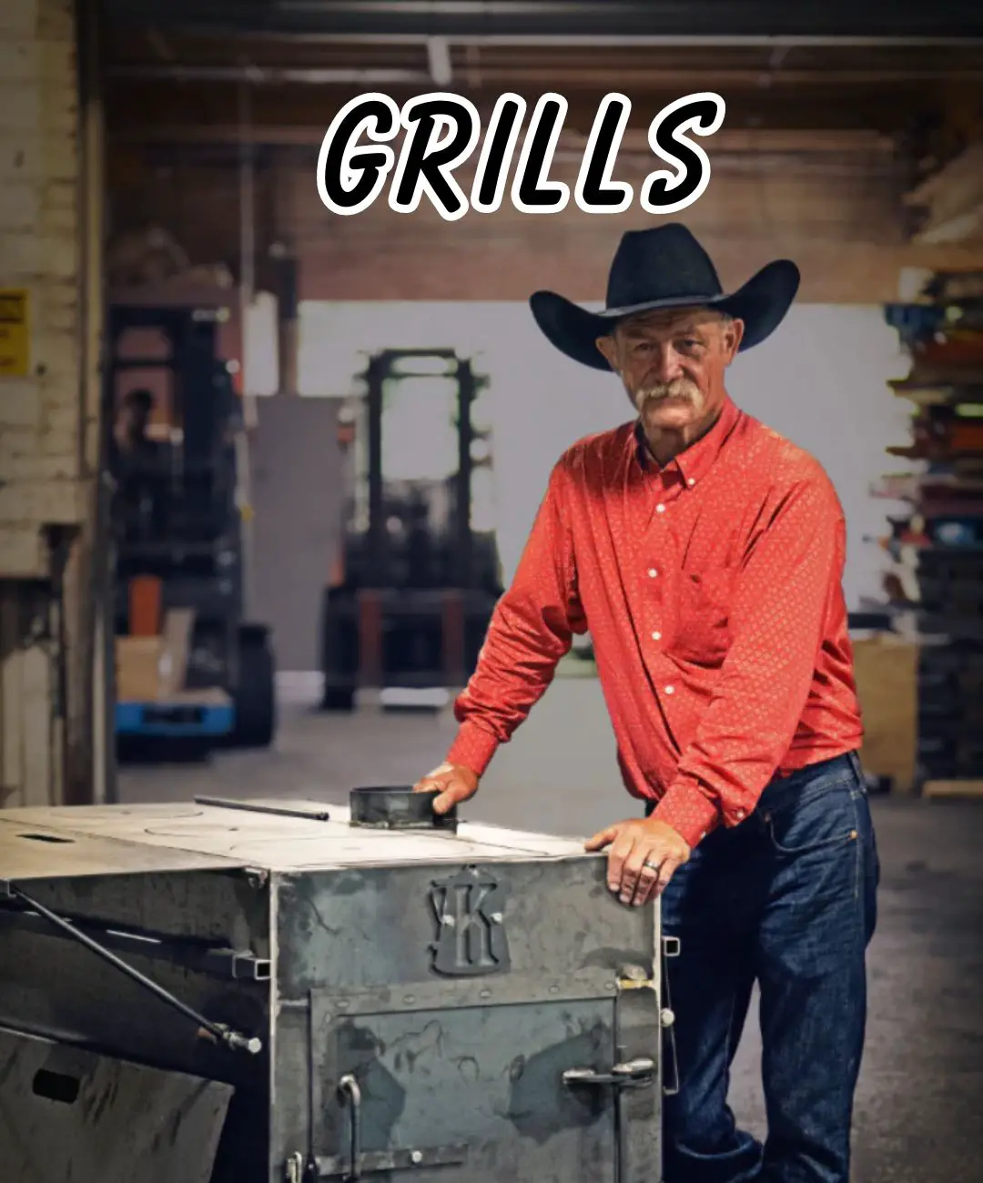 Man in red shirt next to a grill.