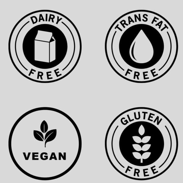 Dairy, trans fat, vegan, and gluten free labels.