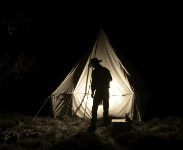 Silhouette of a man standing near a tent.