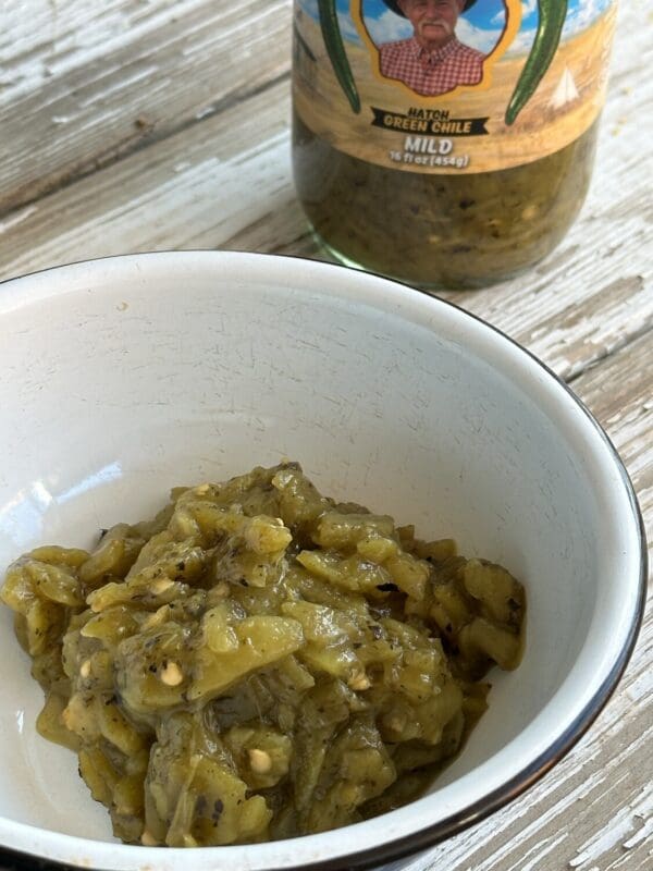 Hatch green chile in a white bowl.