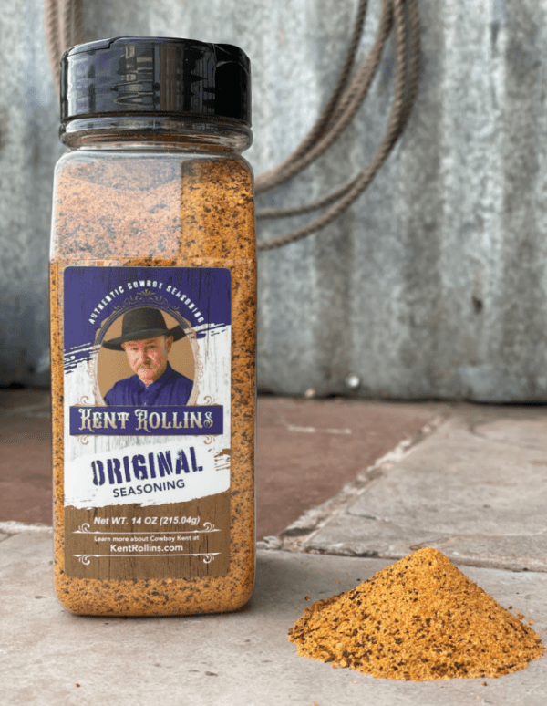 Kent Rollin's Original Seasoning in jar and on ground.