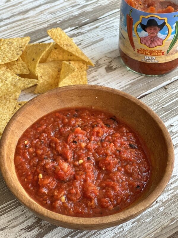 Bowl of salsa with tortilla chips.