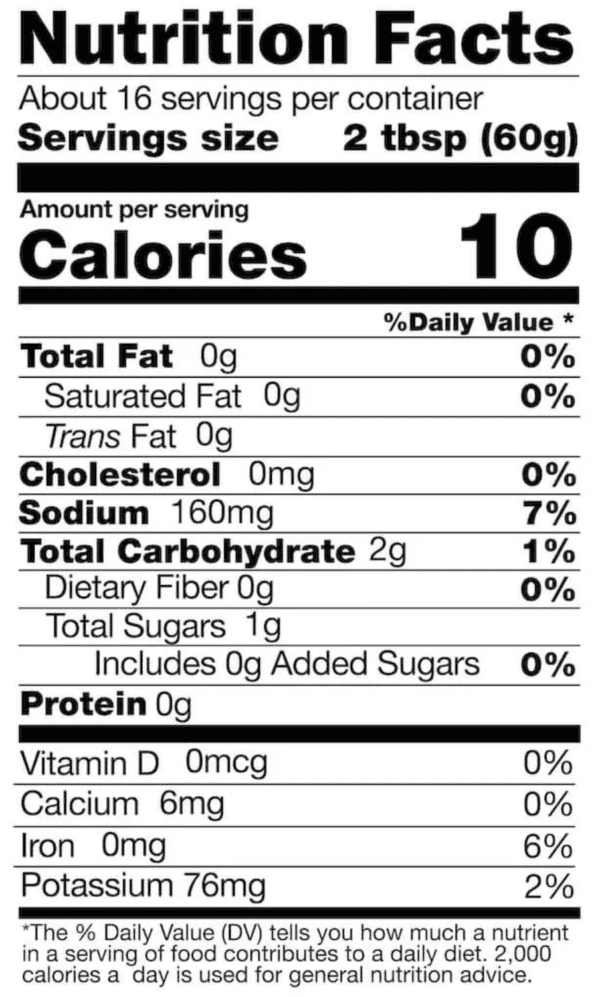 Nutrition facts label with 10 calories per serving.