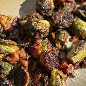 Roasted brussels sprouts with bacon and parmesan.