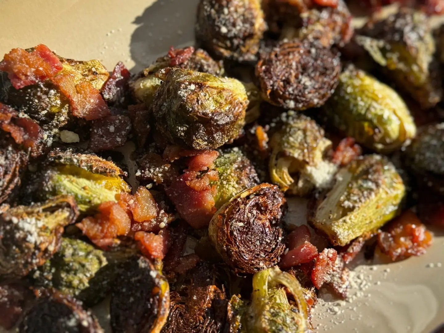 Roasted brussels sprouts with bacon and parmesan.