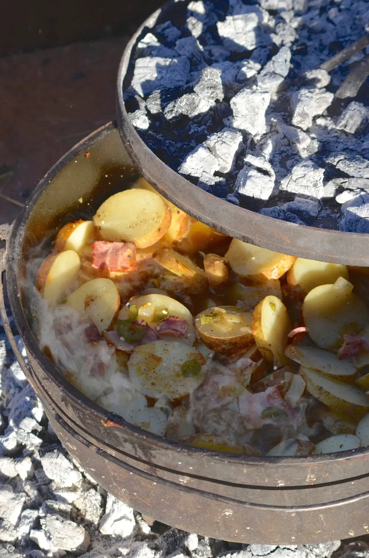 A bowl of potatoes and meat in sauce.