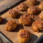 A tray of meatballs on top of a wooden surface.