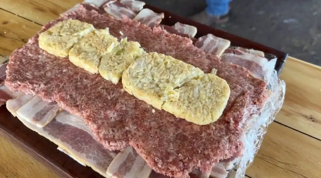 The first three layers of the breakfast fatty. Bacon, Sausage, and Hashbrowns. Each layer is thinner than the next to allow for space when rolling up the bottom layer like a jelly roll.