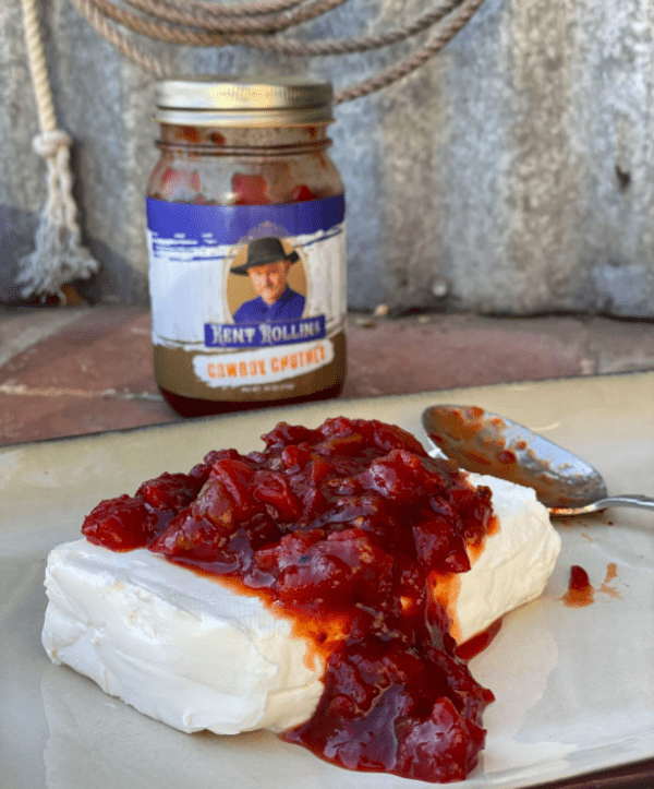 Cream cheese topped with cowboy chutney.