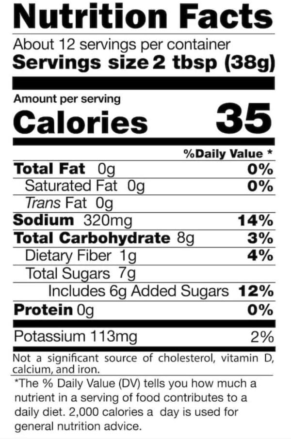 Nutrition Facts label for 2 tbsp serving.