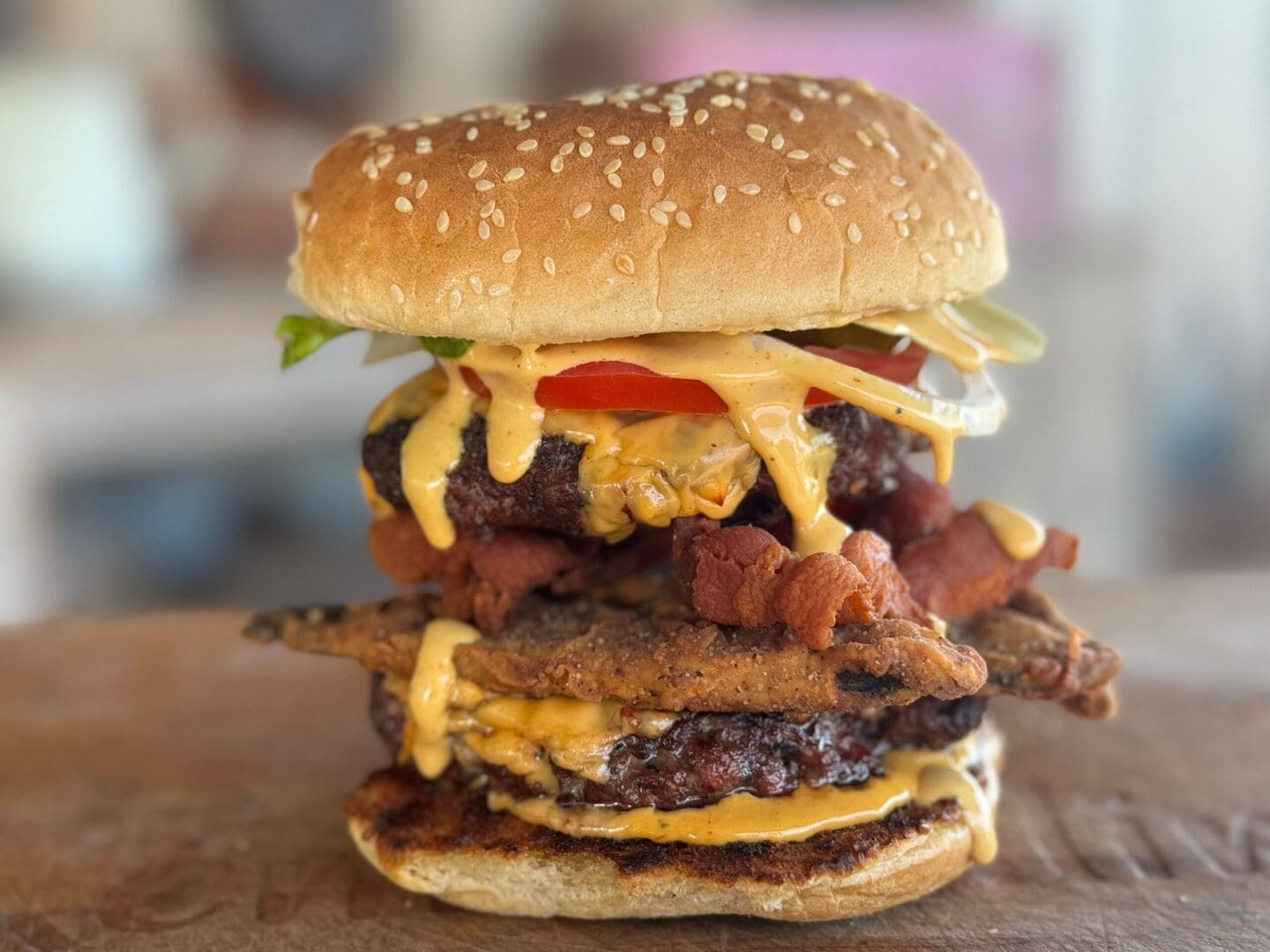 Close-up of a messy, delicious burger.