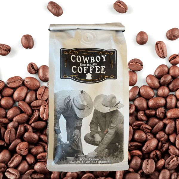 Kent Rollins Cowboy Coffee lays on a background of whole coffee beans