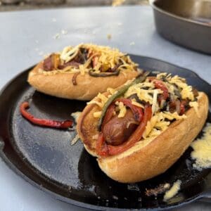 Grilled sausage and veggie hot dogs.