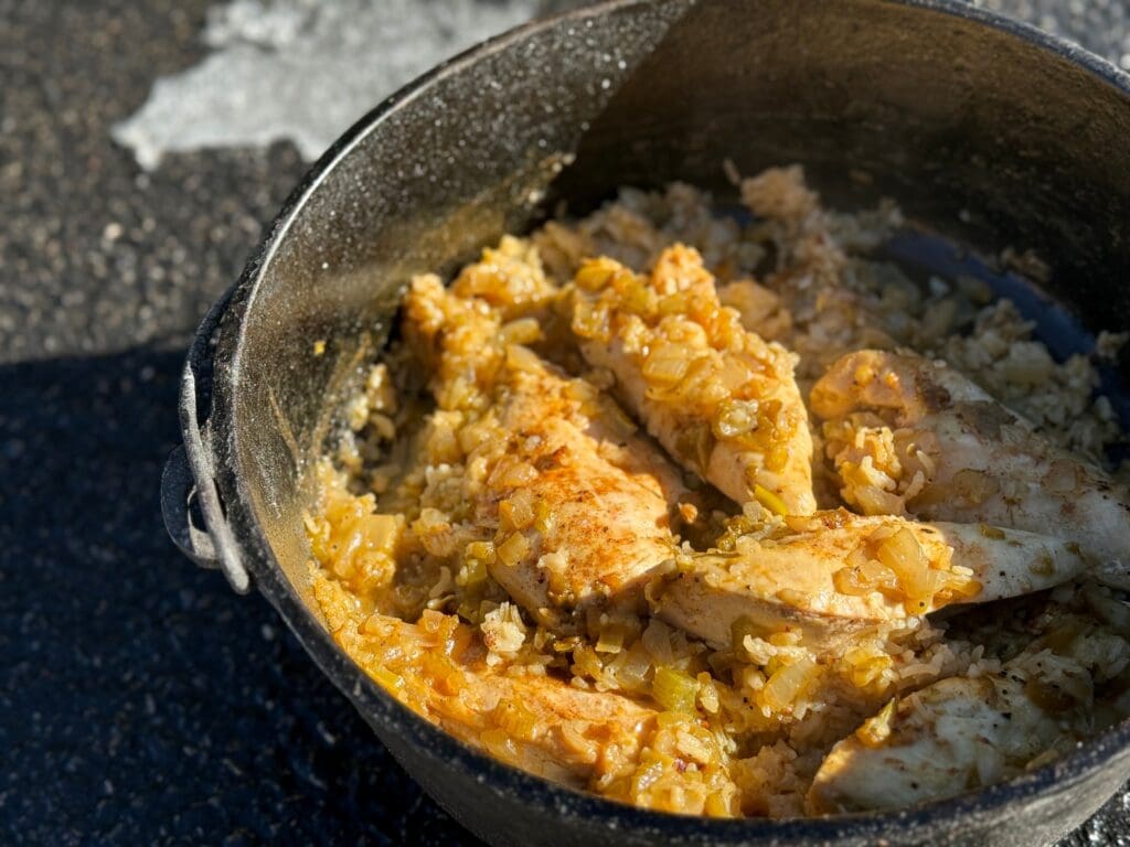 Chicken and rice casserole in a Dutch oven