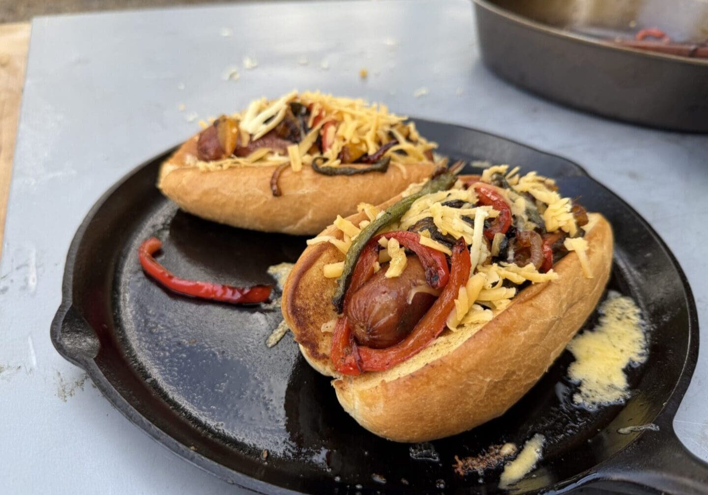 Grilled sausage and veggie hot dogs.