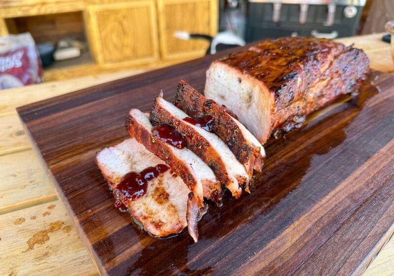 Smoked pork loin with chipotle raspberry sauce